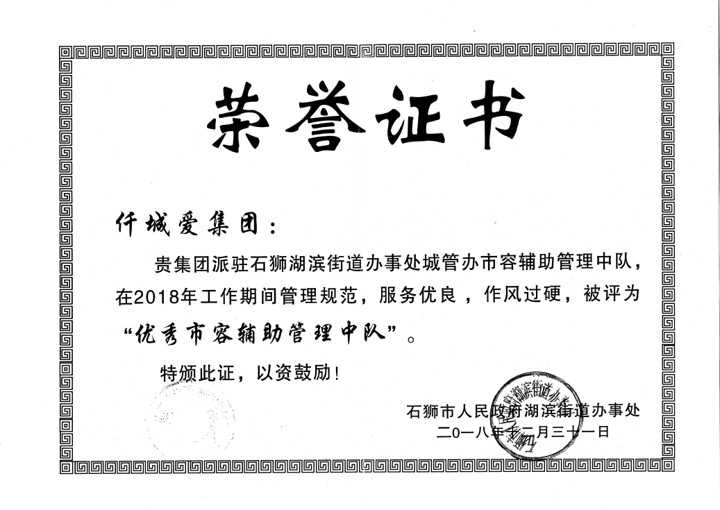 优秀市容辅助管理中队证书